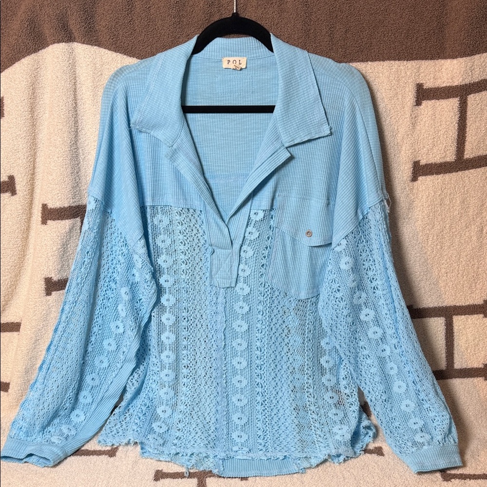 POL Light Blue Crochet Knit Top